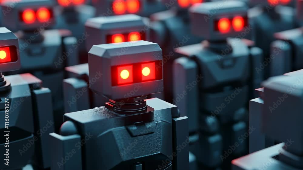 Poster robots with glowing red eyes gathered in a futuristic assembly for unknown purpose during a tech exh