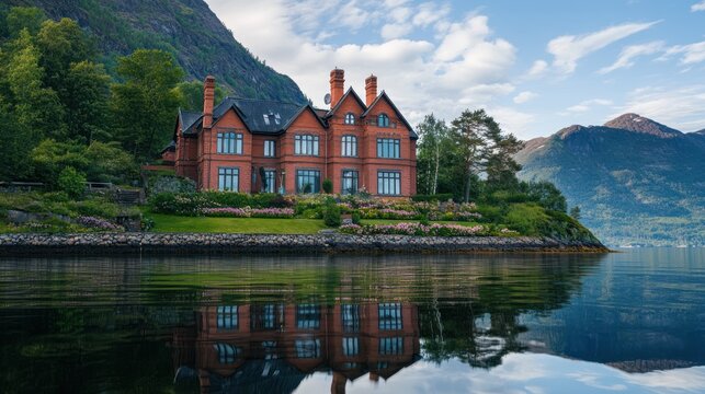 Waterfront mansion reflected in calm lake.