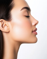 Naklejka premium Profile View of a Woman with Glowing Skin, Emphasizing the Sleek Contour of Her Nose and Jawline