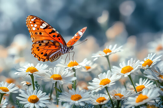 Two butterflies are flying in a field of flowers. The butterflies are orange and white. The field is full of flowers, and the sky is blue
