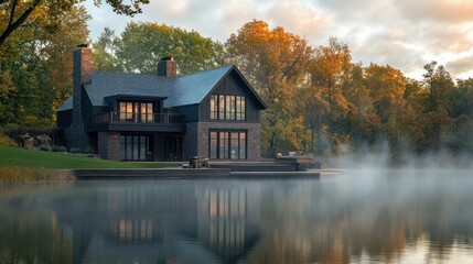 Obraz premium Modern black lake house at sunrise, autumn foliage.