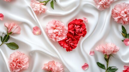 A serene arrangement of pink and red carnations forming a heart shape on soft white fabric, symbolizing love and affection.