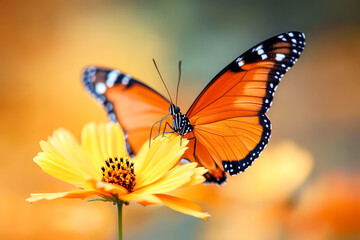 Butterfly is perched on a yellow flower. Concept of tranquility and beauty, as the butterfly's delicate wings and the flower's vibrant color create a peaceful scene