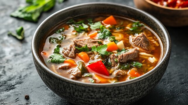 Beef and Vegetable Soup in a Bowl.