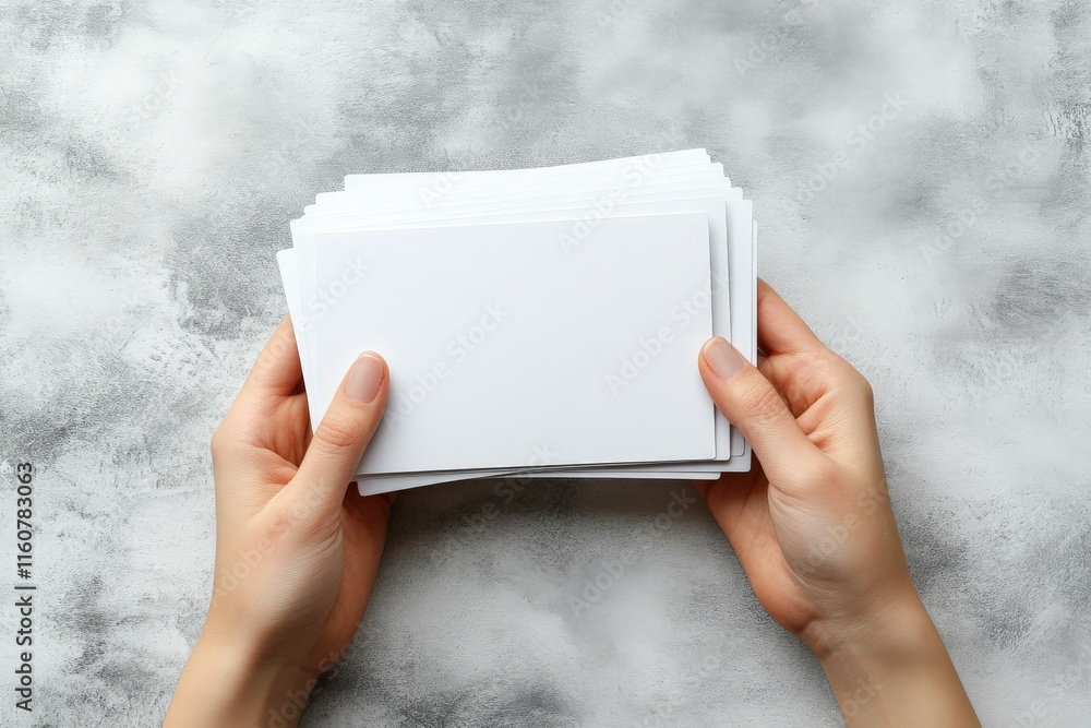 Poster hands holding a stack of blank cards against a textured grey background for creative projects or not