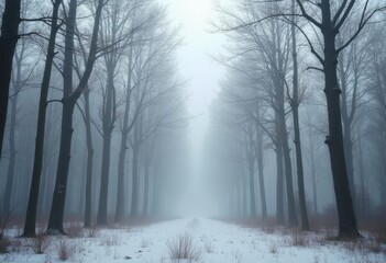 Shrouded in Winter Silence - captivating winter forest scene immersed in a thick veil of fog, AI-Generated