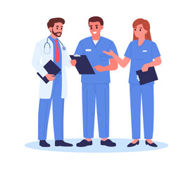 Medical doctors talking. Hospital staff communication, professional surgeon, therapist or neurologist discussion, doctors wearing uniform flat vector illustration. Hospital workers characters