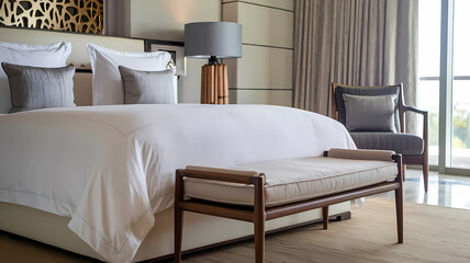 Bedroom Interior with King-Sized Bed, Bench, and Chair