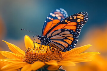 Butterfly is sitting on a yellow flower. The butterfly is orange and black. The flower is yellow and has a brown center. The image has a warm and peaceful mood
