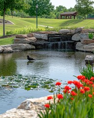 A serene park scene featuring a pond, waterfall, and vibrant flowers, inviting relaxation.