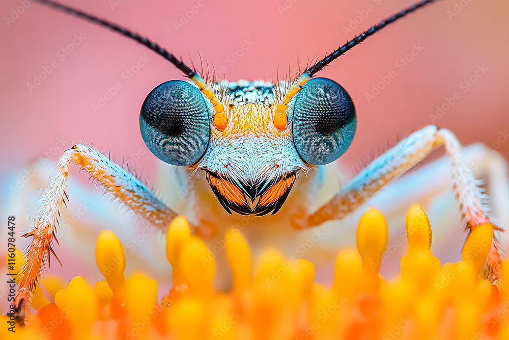 Poster bug with blue eyes is looking at the camera. the bug is on a yellow flower. the flower is in the for
