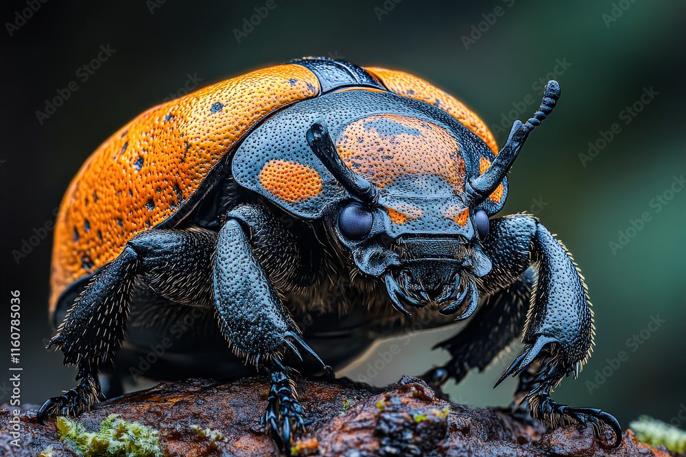 Poster large bug with black and orange legs is standing on a rock. the bug has a menacing look on its face,