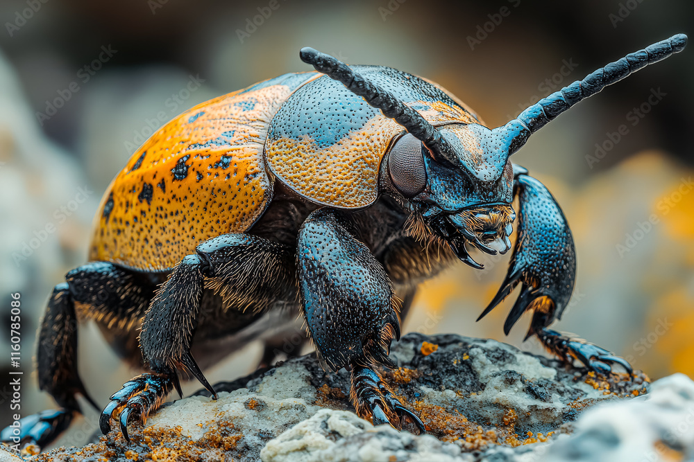 Poster large bug with black and orange legs is standing on a rock. the bug has a menacing look on its face,