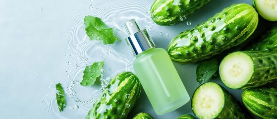 Cucumber extract serum bottle on water surface. Fresh green vegetable for cosmetic product.