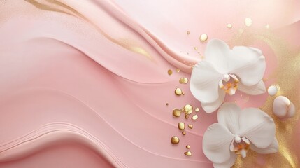 A soft pink background featuring flowing textures, gold accents, and elegant white orchids, creating a serene and sophisticated aesthetic.