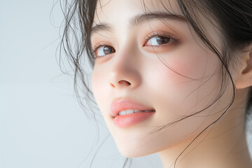 Beautiful japanese woman with natural makeup in soft profile close up portrait
