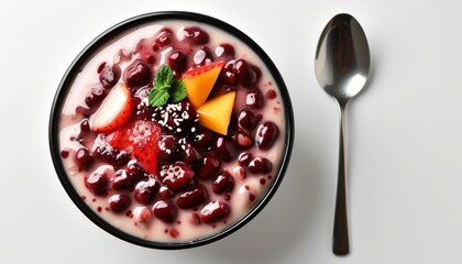 Delicious Patbingsu with Red Beans and Fruit Toppings in  Presentation