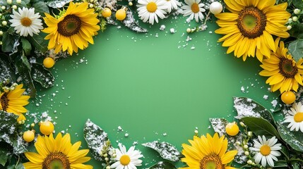 Festive Border Art with Sunflowers and Daisies Framing a Vibrant Green Background, Perfect for Holiday Greetings and Seasonal Decorations