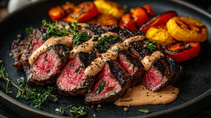 A plate of sliced steak with a creamy sauce and grilled vegetables.