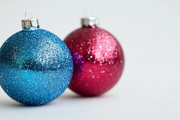 Colorful sparkly ornaments in blue and red ready for holiday decoration
