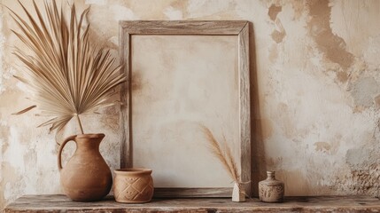 Rustic wooden frame mockup with terracotta pottery and dried plants against a textured wall.
