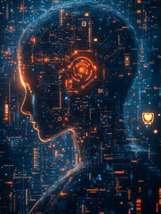 Obraz premium A silhouette of a woman on a futuristic technology background, resembling a robot or an imaginative representation of artificial intelligence, Futuristic AI Concept: Digital Human Profile with Glowing