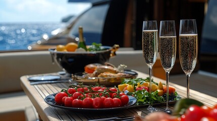 Fototapeta premium A table set with food and drinks on a boat or yacht.