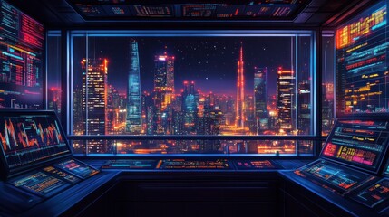 Night cityscape view from futuristic control room.