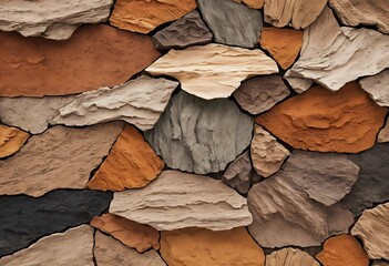  close up view of a multicolored stone tile pattern. The various-sized stone shapes are assembled together to create a textured and natural-looking design.