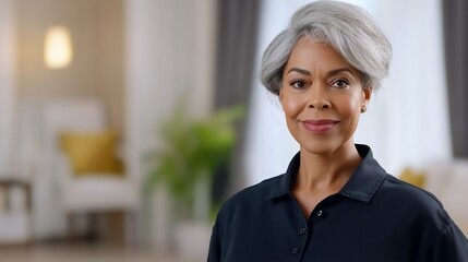 Fototapeta premium Close-up Photo: Confidently Smiling Woman at Home. AI Generated