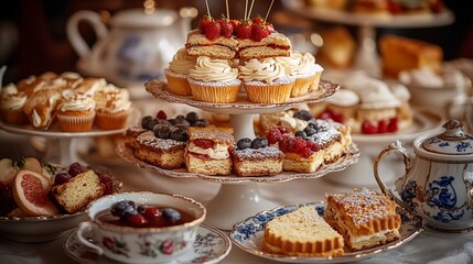 Traditional British Afternoon Tea Spread with an Assortment of Sweet and Savory Finger Foods.