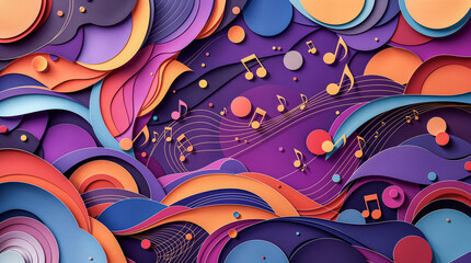Obraz premium Colorful Abstract Paper Art with Musical Notes and Waves