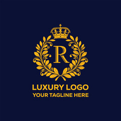 Golden luxury Leaf And R Latter  logo template design