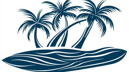 Summer holidays labels or emblems with sunrise, palms and waves in shades of blue color for travel and tourism industry design