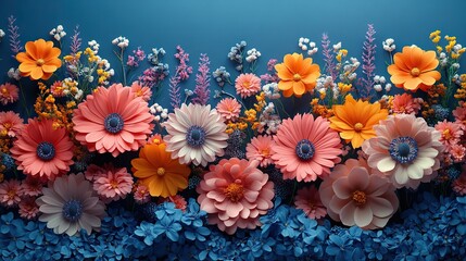 Colorful flowers in 3D art create a textured pattern with a blue background, suitable for abstract design and illustration