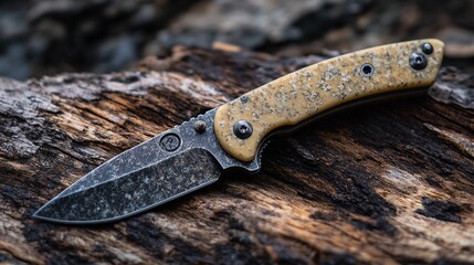A close-up photograph of a small pocket knife with a speckled brown handle and a black blade.