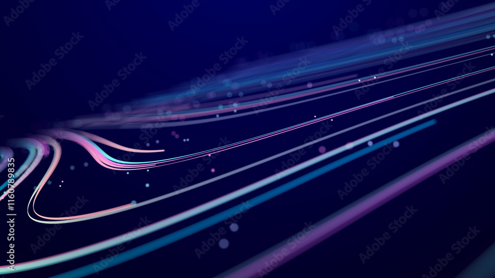 Poster abstract glitter particles in dark space. network data transfer concept. 3d rendering.