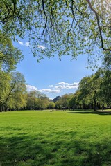Fototapeta premium Serene Park Landscape with Green Grass and Blue Sky, ideal for outdoor and nature-related designs