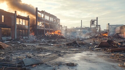 A large industrial area with several buildings on fire and piles of rubble scattered throughout.
