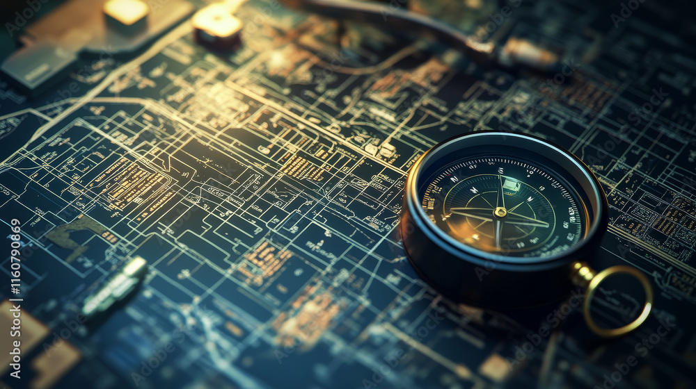 Poster hud navigation background. city map navigation screen interface backdrop with compass, graphs and ma