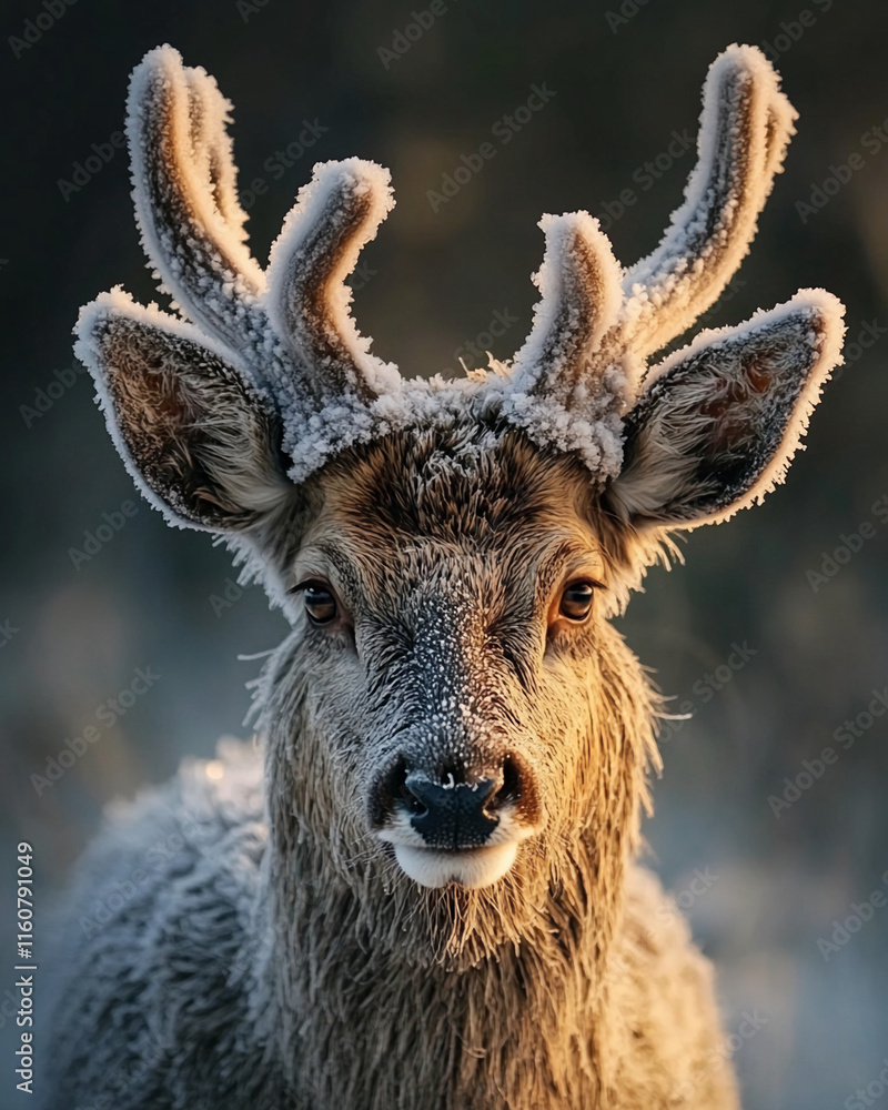 Poster close-up of a frosted deer with antlers in a snowy winter environment illuminated by soft light