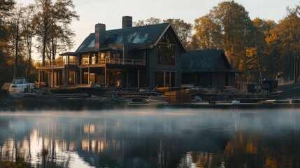 Obraz premium Lakefront mansion under construction at sunrise, mist rising from water.