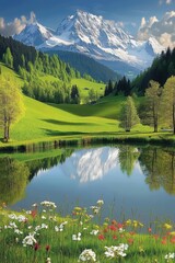 Picturesque Alpine Landscape with Lush Green Meadows and Snowcapped Mountains - Ideal for Travel, Nature, and Scenic Photography