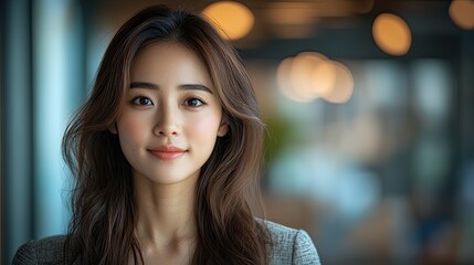 Obraz premium Confident Asian businesswoman standing in an office, representing leadership and strategy