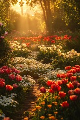 A serene botanical garden at sunrise with rows of perfectly arranged roses, tulips, and daisies, sunlight casting soft gold