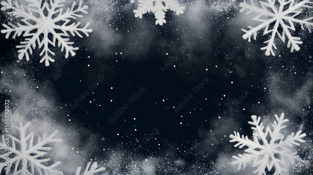 Poster realistic snow flakes oval frame on transparent background. isolated vector christmas border with fa