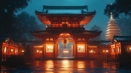 Nighttime View of a Japanese Temple Complex
