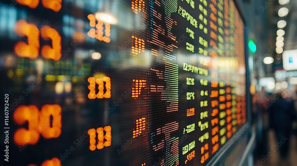 Aufkleber close up view of a vibrant led screen displaying real time market data financial indicators and fluc