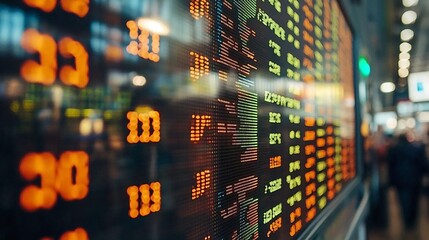 Close up view of a vibrant LED screen displaying real time market data financial indicators and fluctuating prices  The digital dashboard presents a colorful