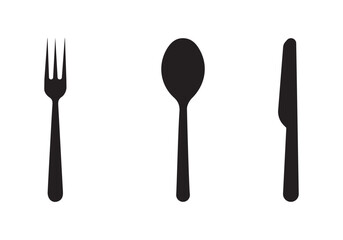 Fork, spoon, knife and plate. Menu symbol. Tableware instruments. Restaurant icon. Food, plate, fork, knife, spoon, cutlery icon set.